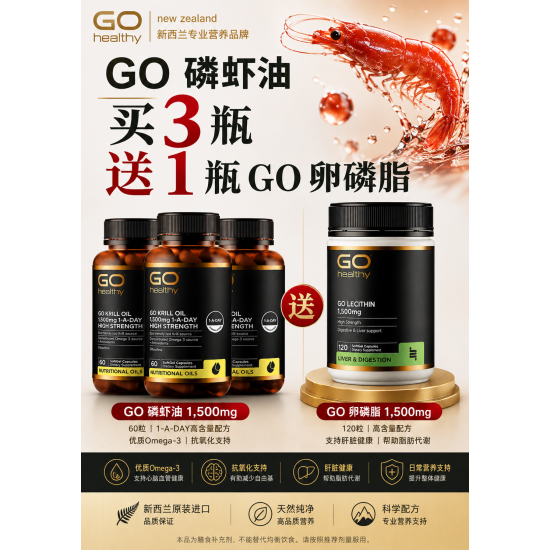 【胶囊因天气原因融化不理赔】【买三送卵磷脂】Go Healthy 高之源 南极磷虾油红磷虾油 1500mg无腥虾青素60粒 3瓶装 保质期2028.12